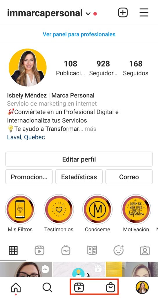 Pestañas de Reels y Shop en Instagram